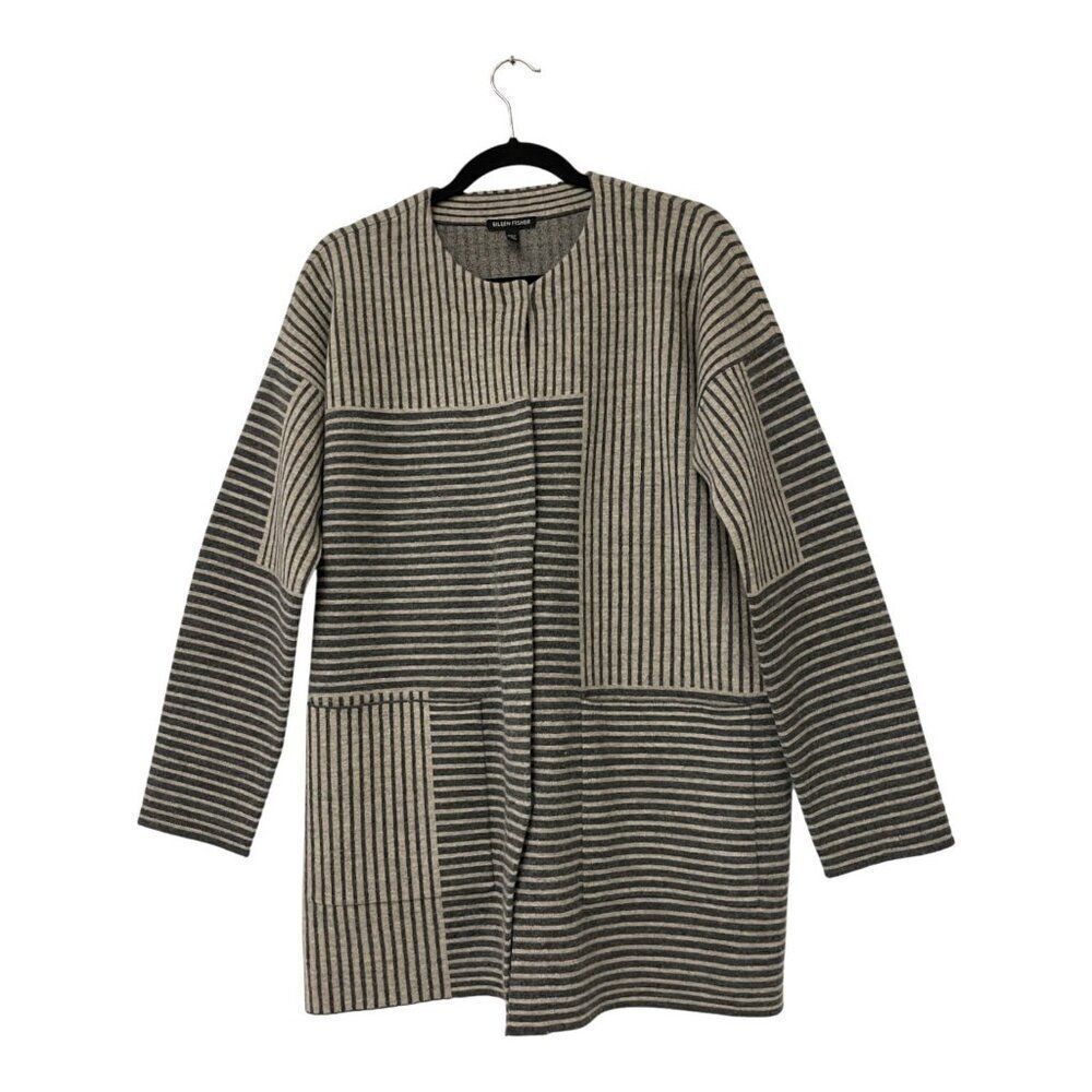 Eileen Fisher Womens Cardigan Sweater Small Gray Striped Merino Wool Open Front